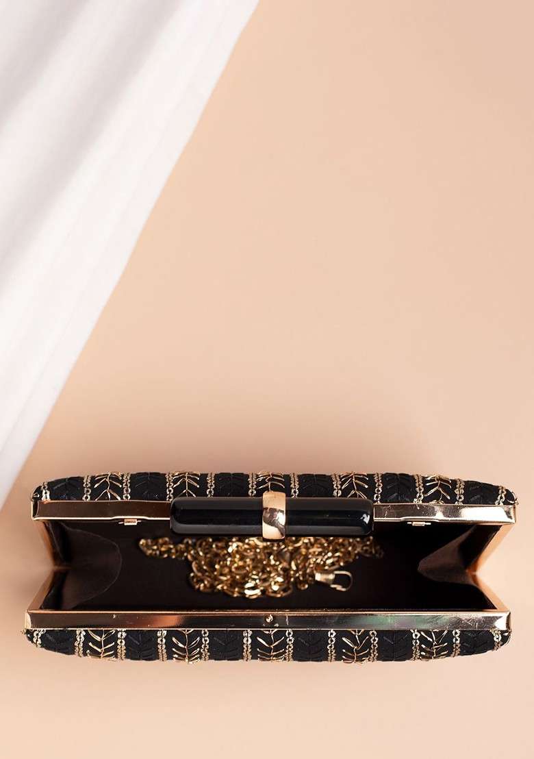Black Embroidered Satin Clutches - Indya