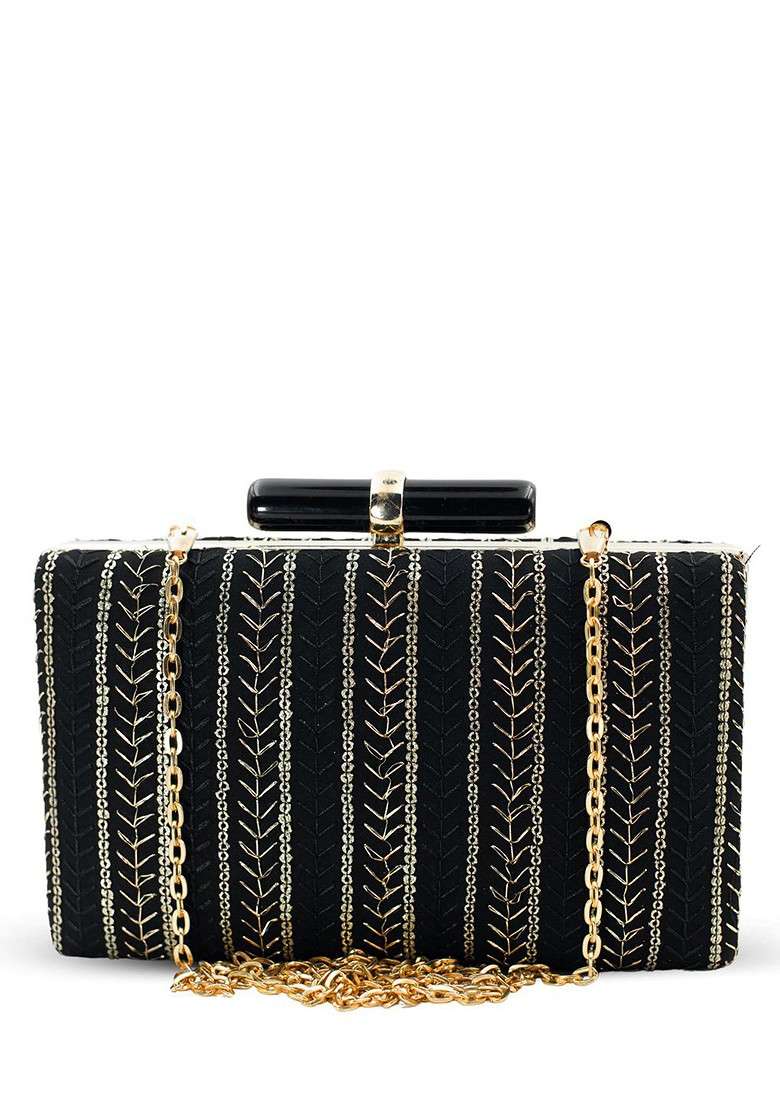 Black Embroidered Satin Clutches - Indya