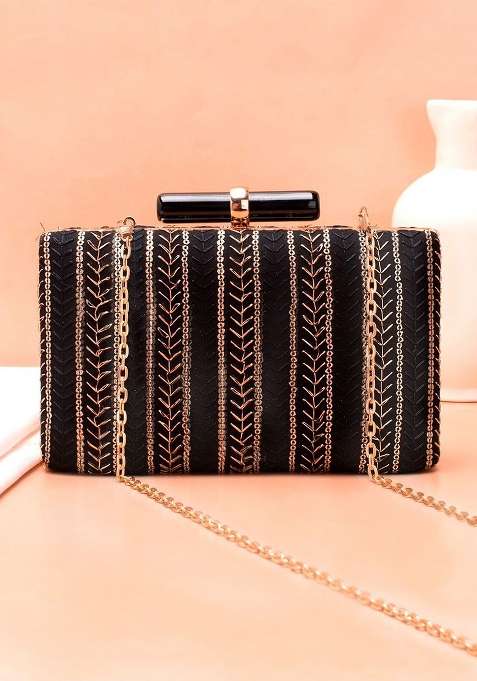 Black Embroidered Satin Clutches