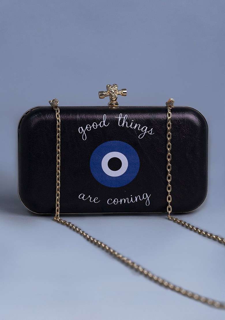 Black Printed Satin Clutches - Indya