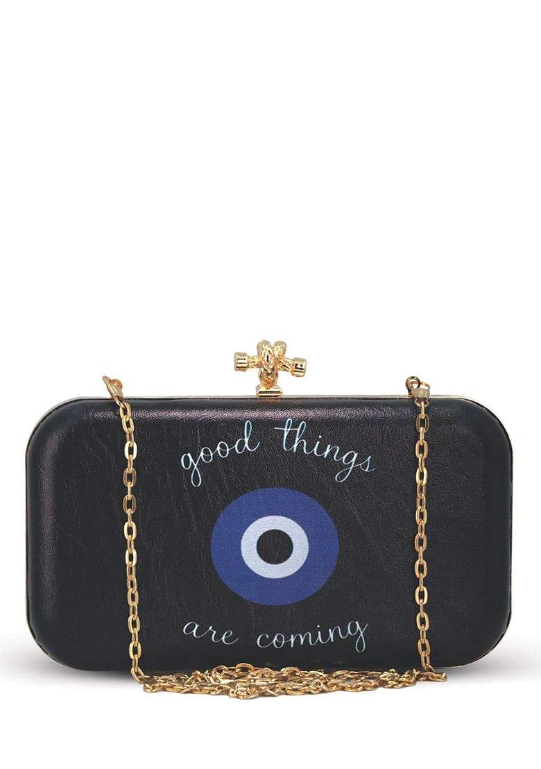 Black Printed Satin Clutches - Indya