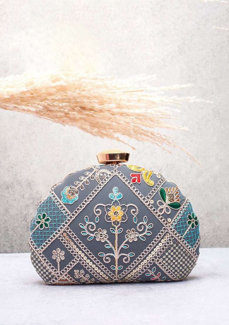 Grey Embroidered Satin Clutches - Indya