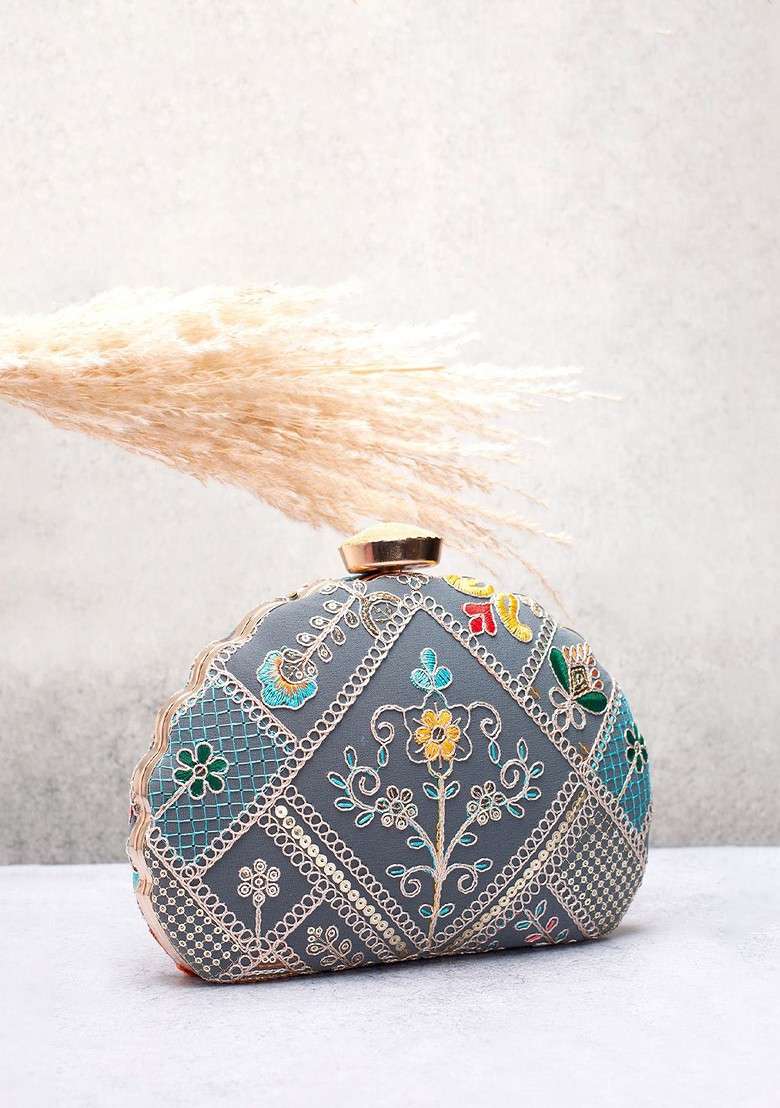 Grey Embroidered Satin Clutches - Indya