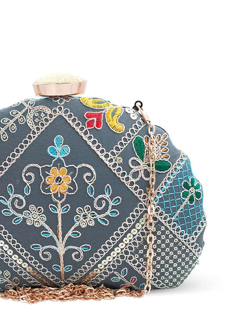 Grey Embroidered Satin Clutches - Indya