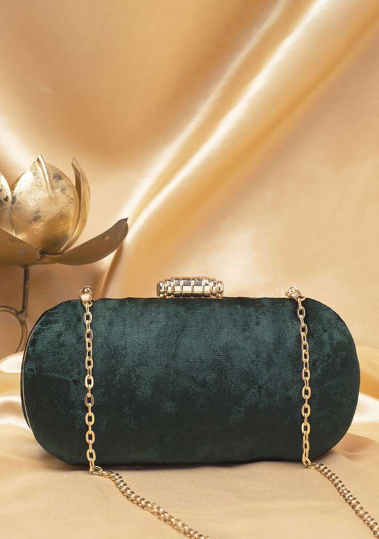 Green Embroidered Satin Clutches - Indya