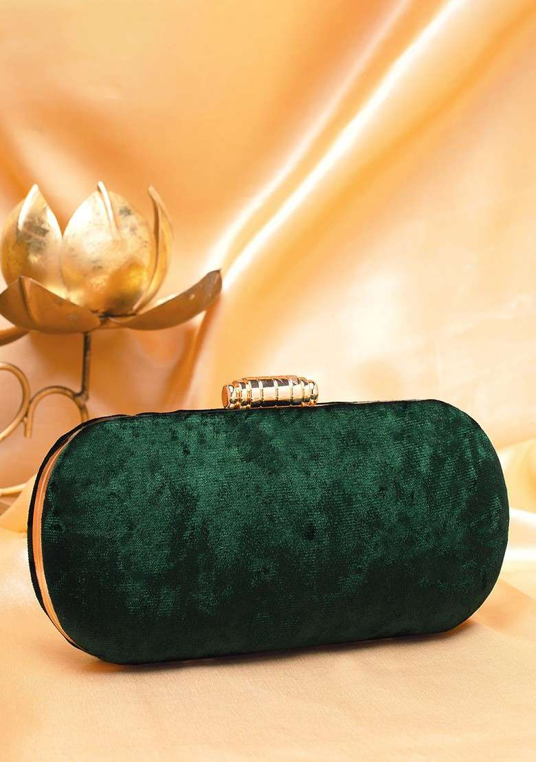 Green Embroidered Satin Clutches - Indya