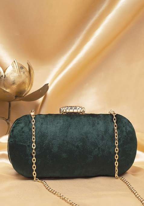 Green Embroidered Satin Clutches