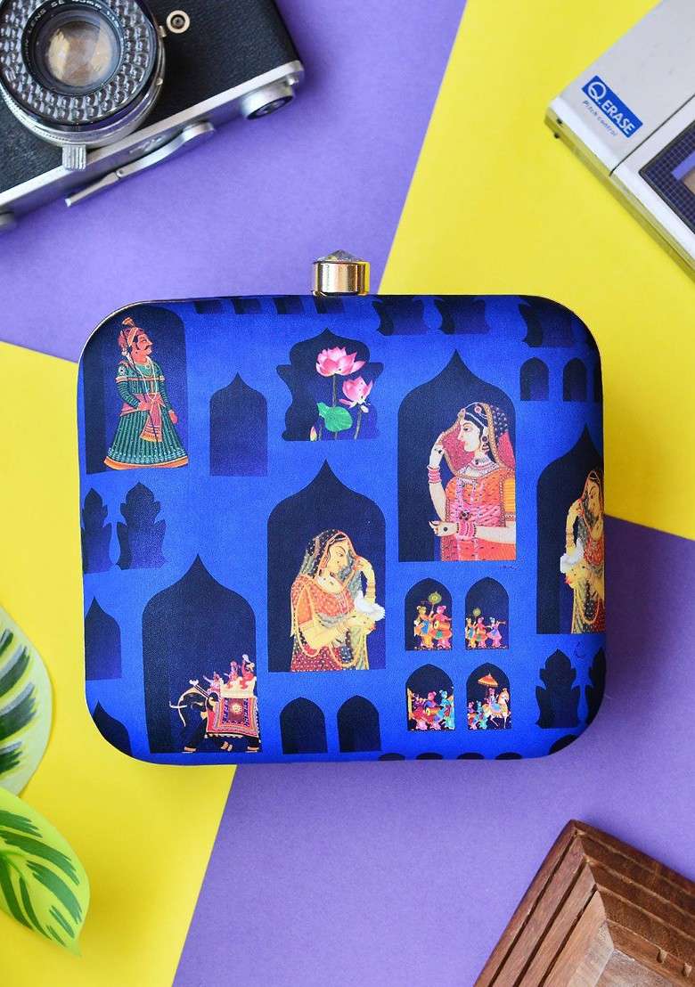 Blue Printed Satin Clutches - Indya