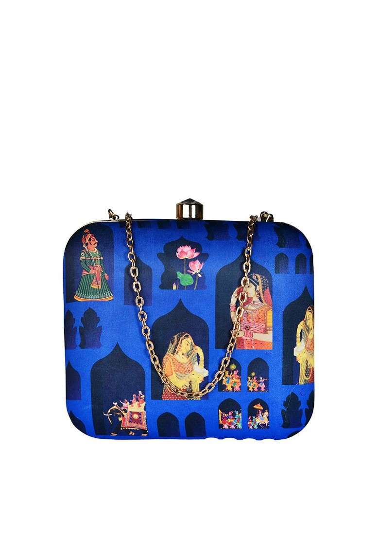 Blue Printed Satin Clutches - Indya