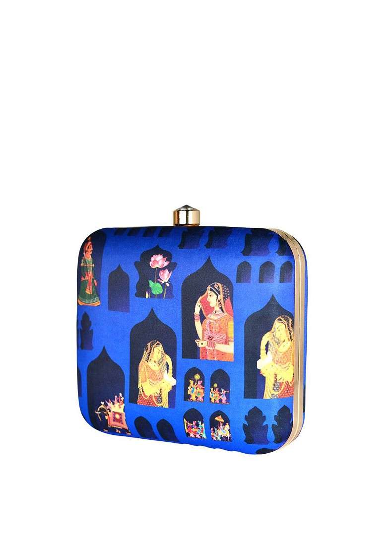 Blue Printed Satin Clutches - Indya