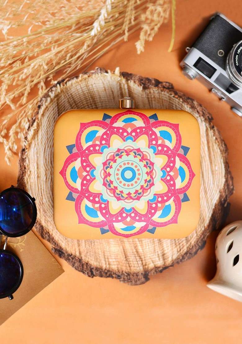 Yellow Printed Satin Clutches - Indya