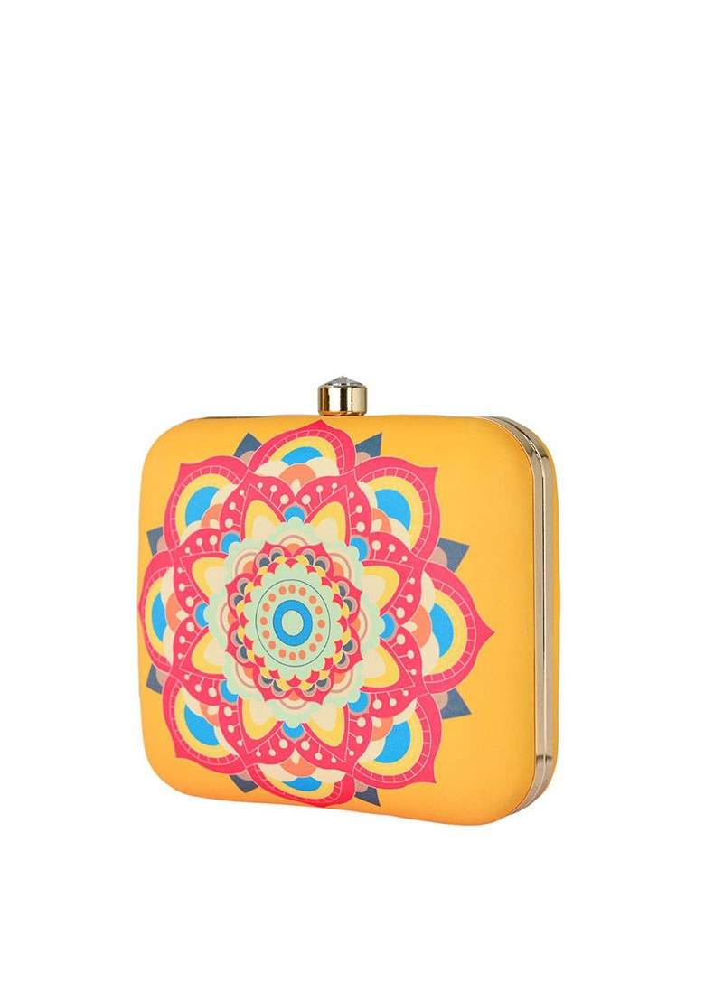 Yellow Printed Satin Clutches - Indya