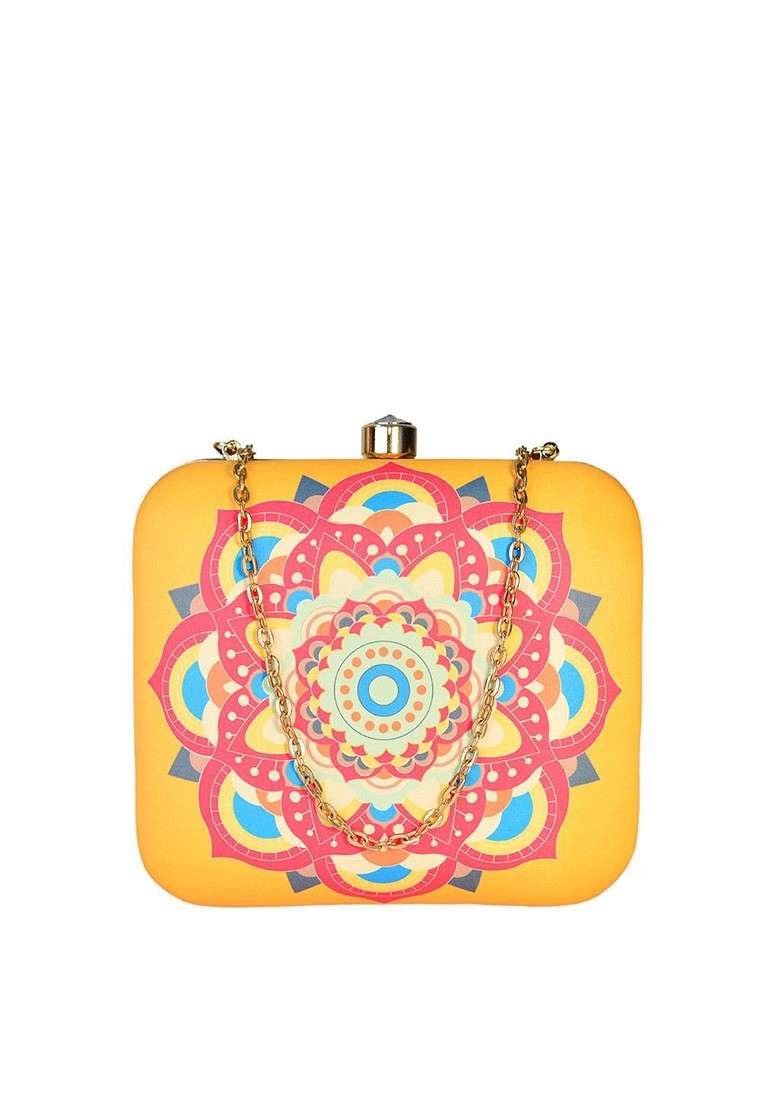 Yellow Printed Satin Clutches - Indya