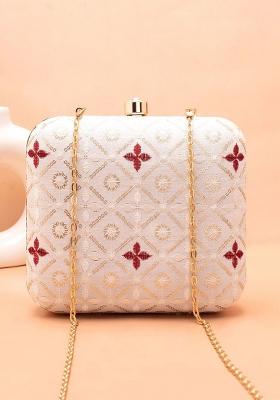 White Embroidered Satin Clutches