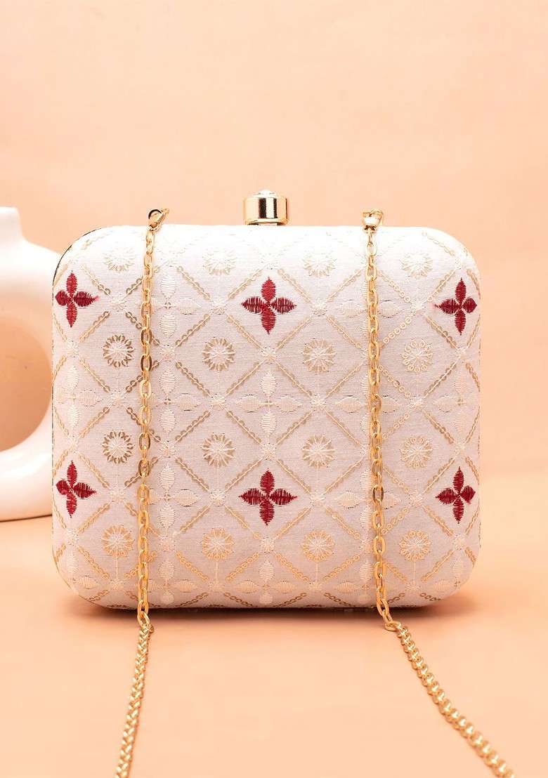 White Embroidered Satin Clutches - Indya