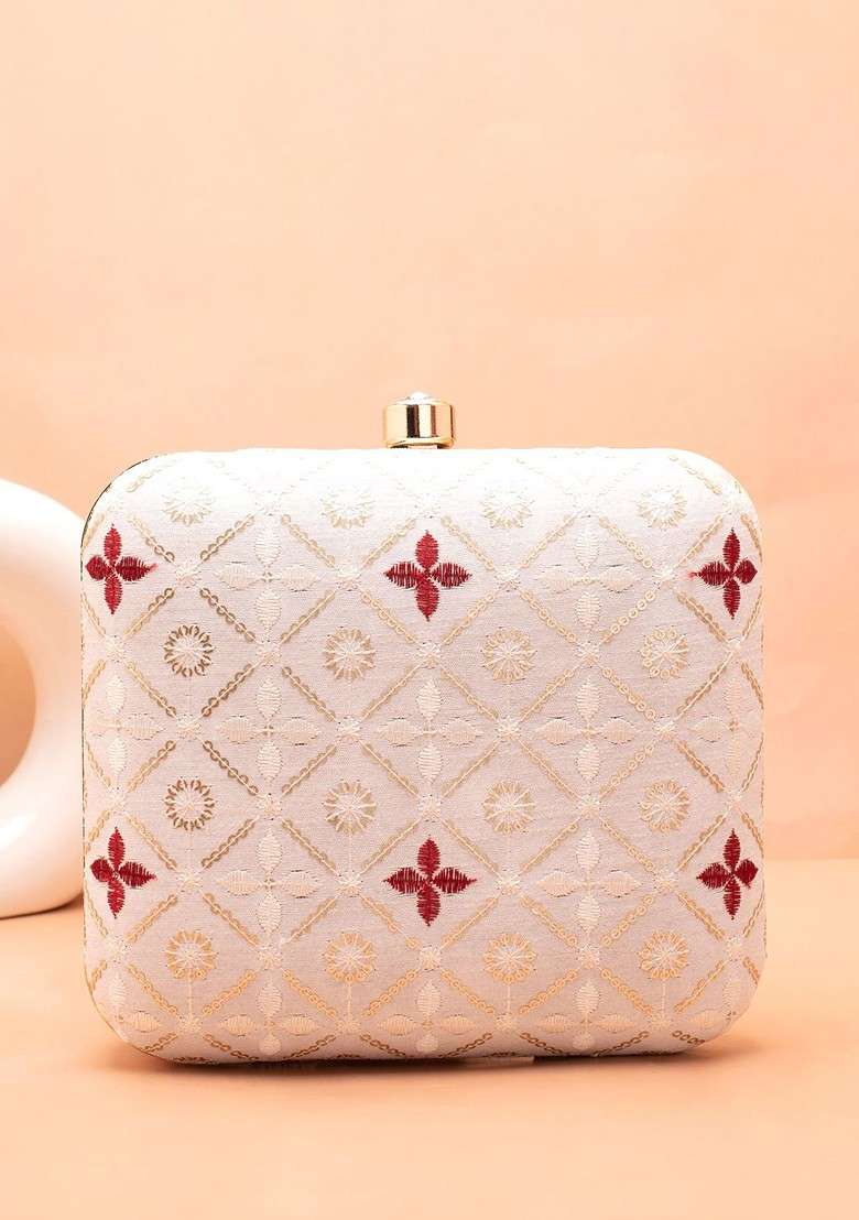 White Embroidered Satin Clutches - Indya