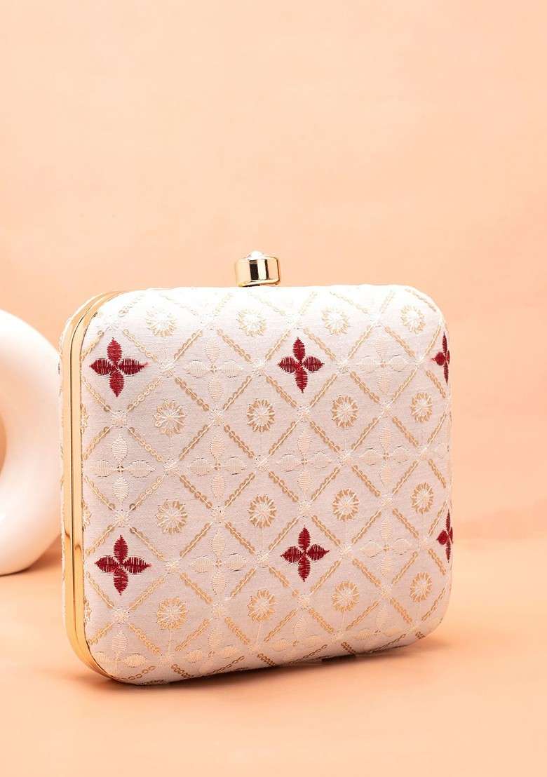 White Embroidered Satin Clutches - Indya
