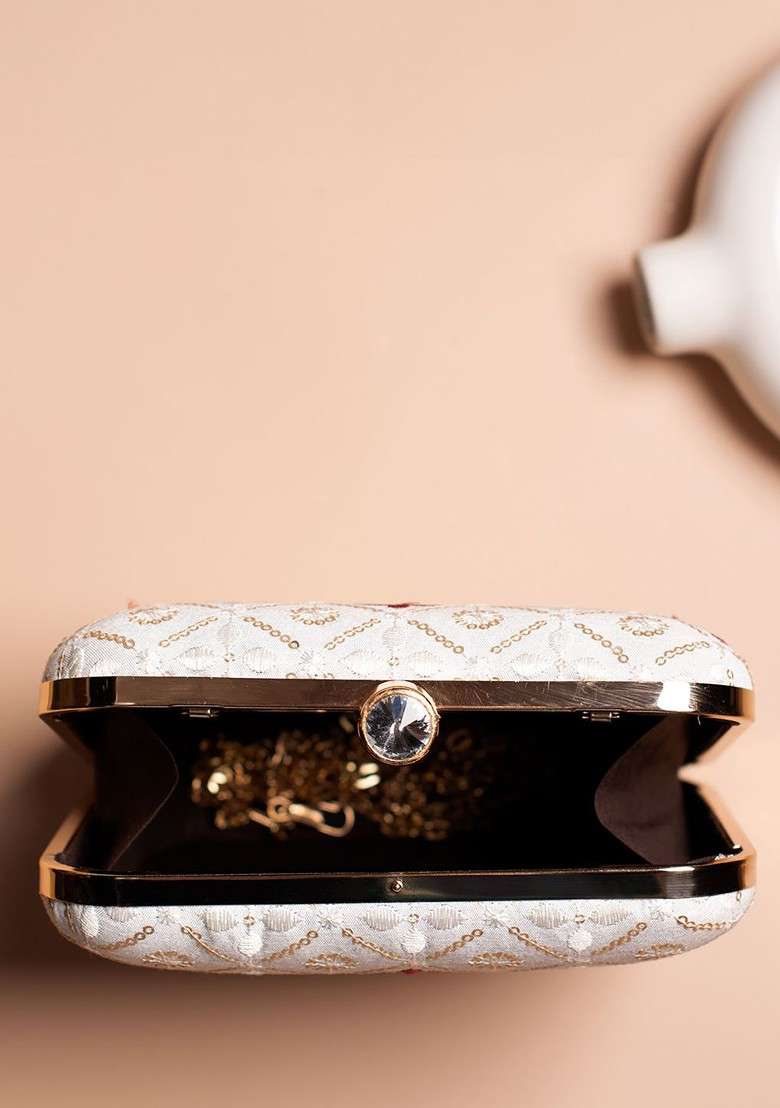 White Embroidered Satin Clutches - Indya