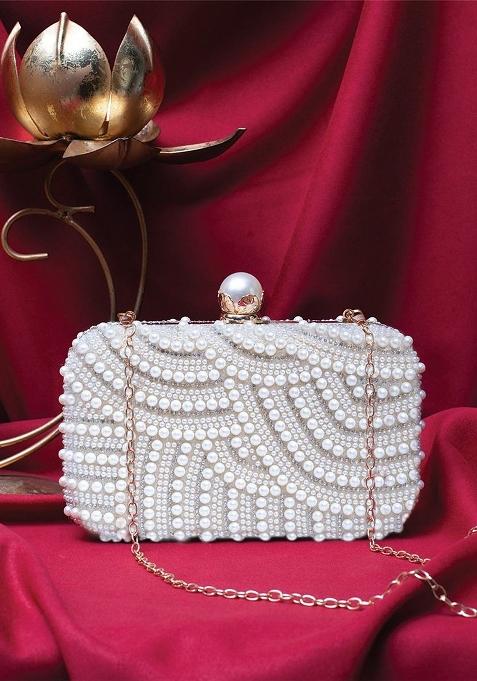 White Embellished Satin Clutches