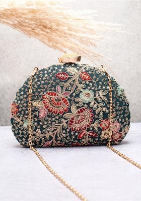 Olive Embroidered Satin Clutches