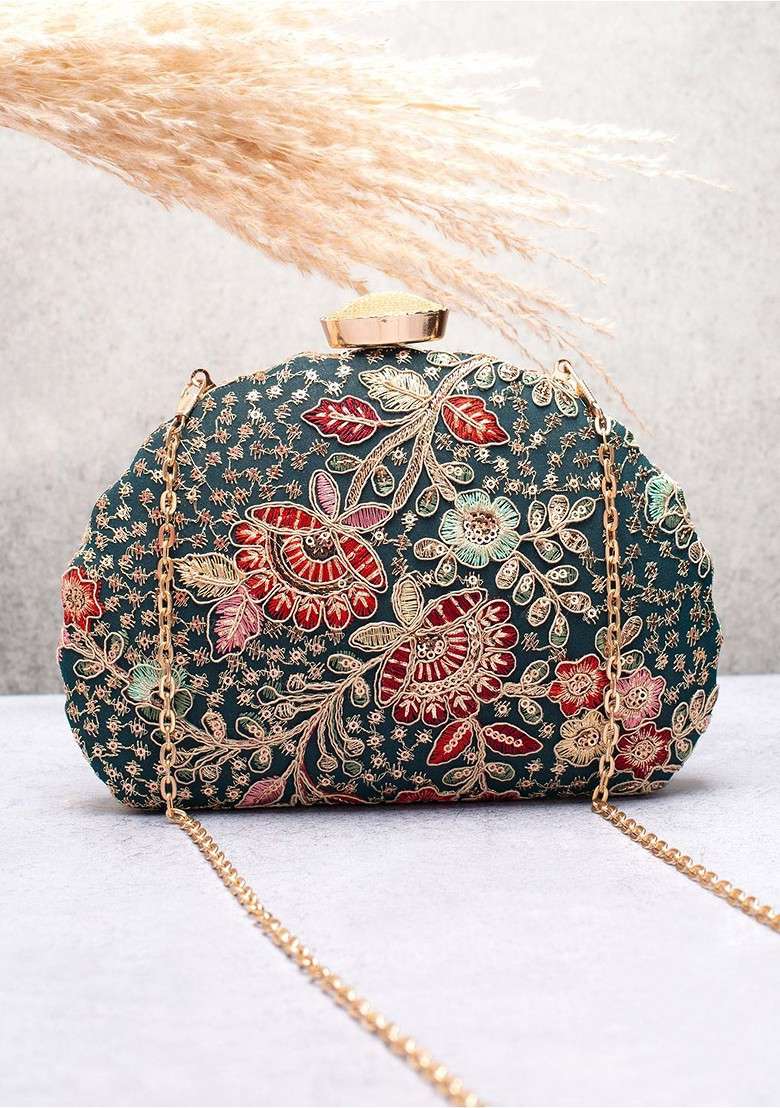 Olive Embroidered Satin Clutches - Indya