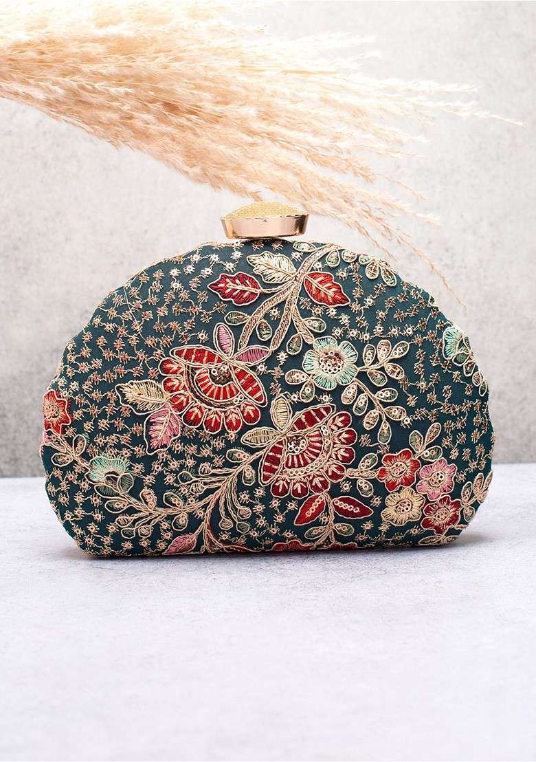 Olive Embroidered Satin Clutches - Indya