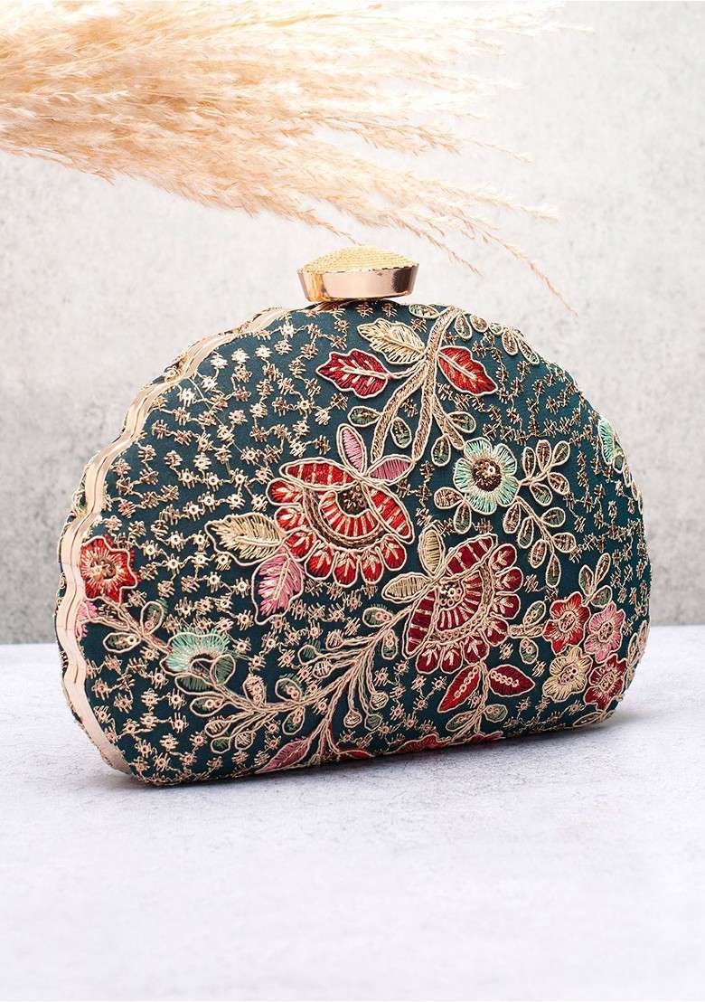 Olive Embroidered Satin Clutches - Indya