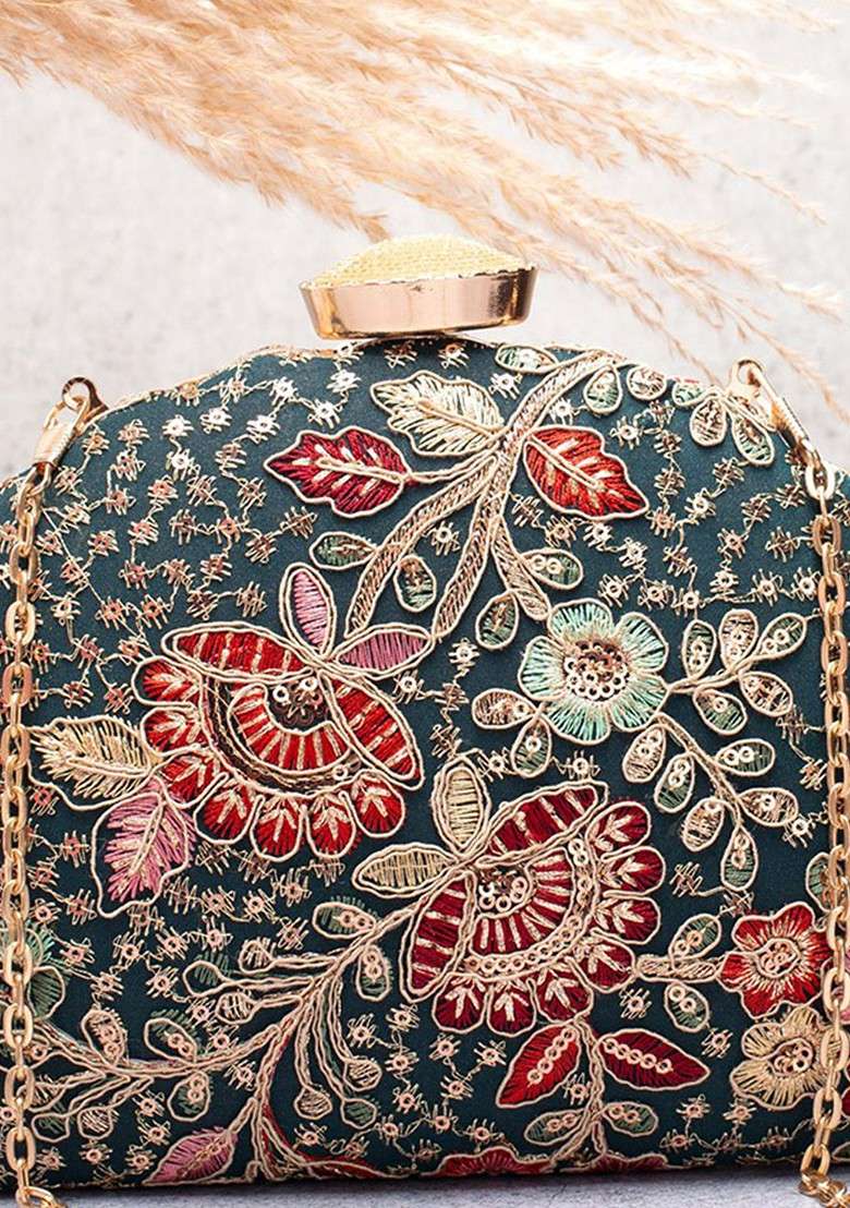 Olive Embroidered Satin Clutches - Indya