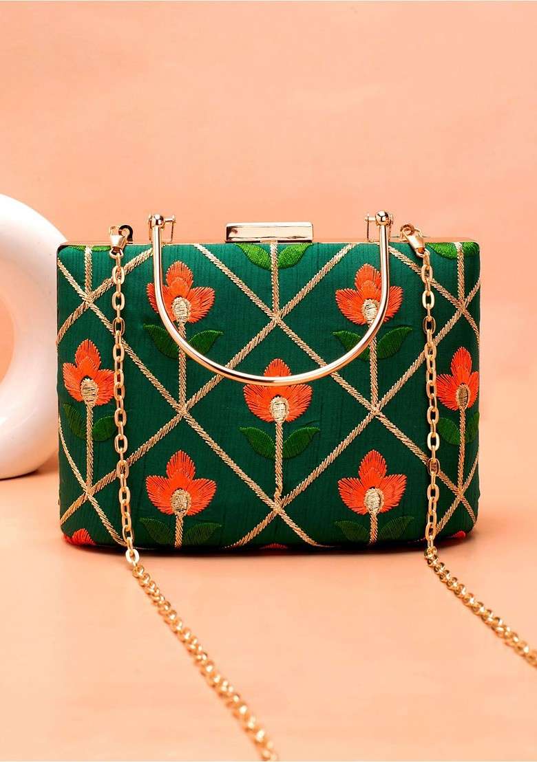 Green Embroidered Satin Clutches - Indya