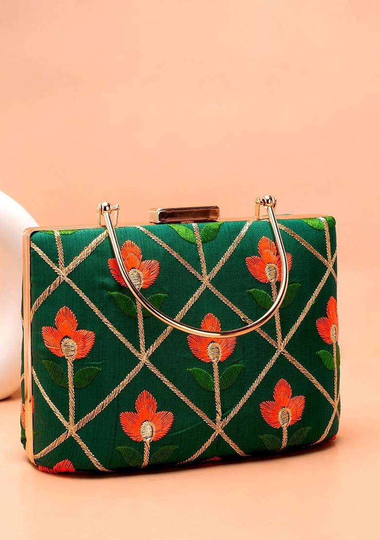 Green Embroidered Satin Clutches - Indya