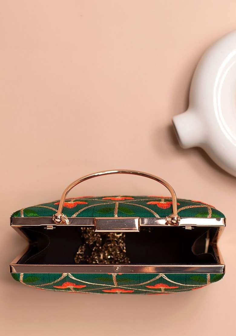 Green Embroidered Satin Clutches - Indya