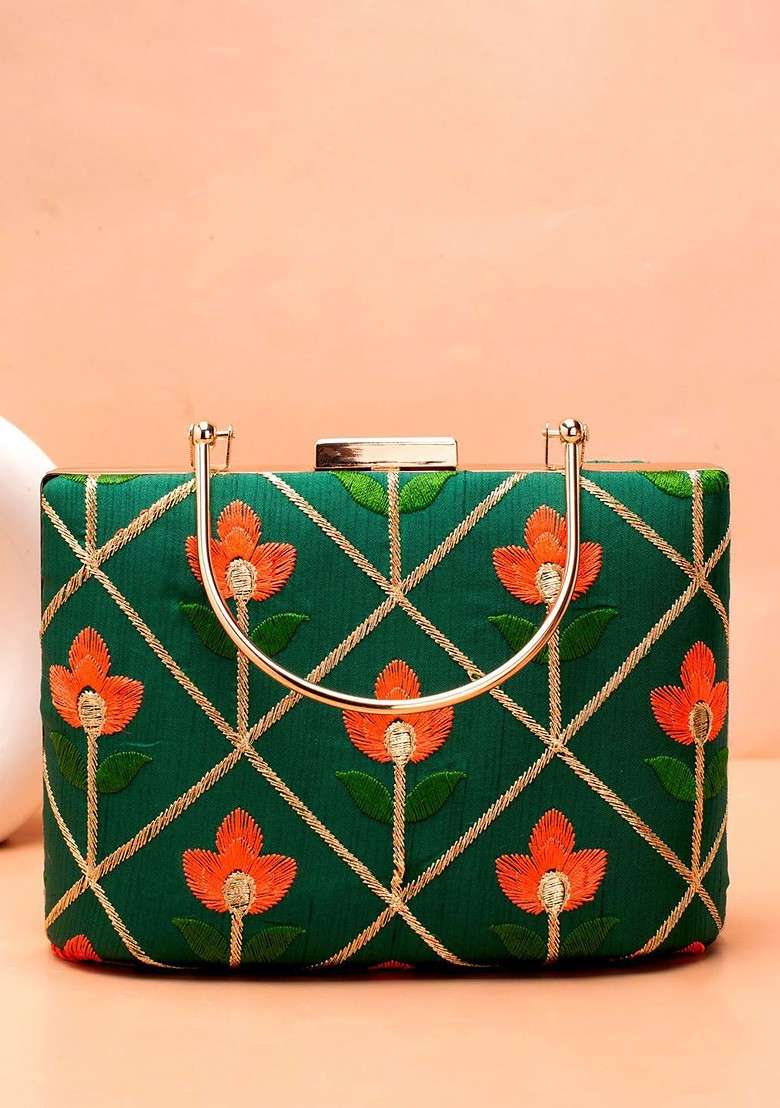 Green Embroidered Satin Clutches - Indya