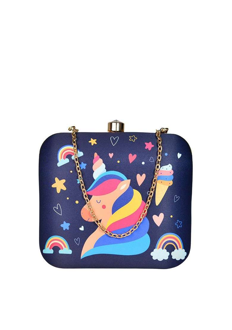 Blue Printed Satin Clutches - Indya