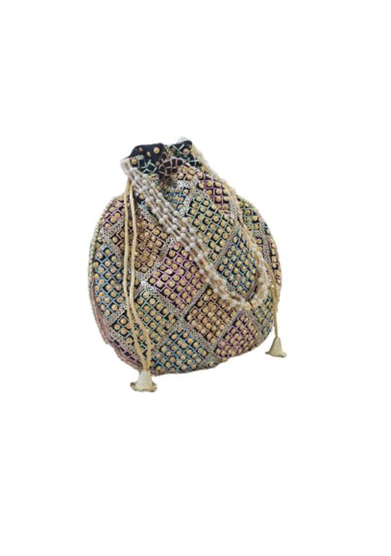 Black Embroidery Silk Potli Beg - Indya