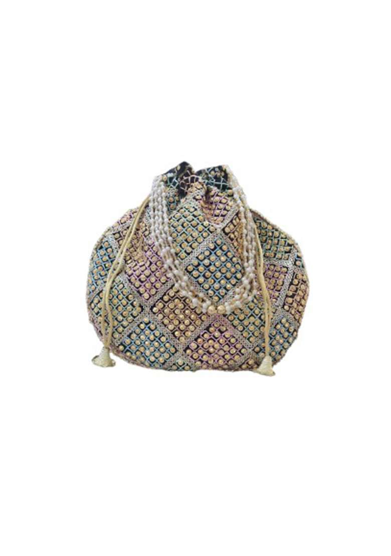 Black Embroidery Silk Potli Beg - Indya