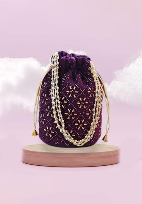 Purple Embroidery Velvet Potli Beg