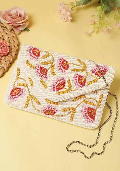 Multicolor Floral Vine Beaded Canvas Sling Bag