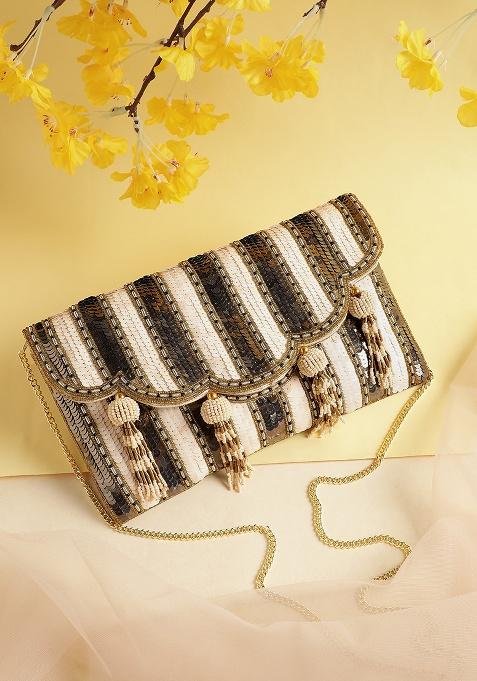 Champagne And Antique Gold Sequined Silk Sling Bag