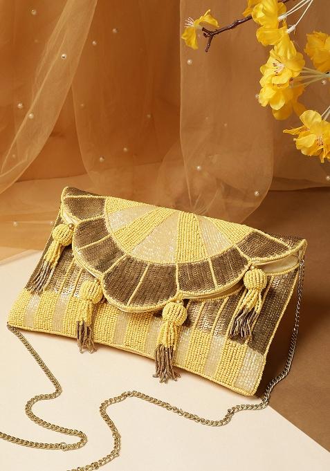Pastel Yellow And Antique Gold Sunburst Beaded Satin Sling Bag