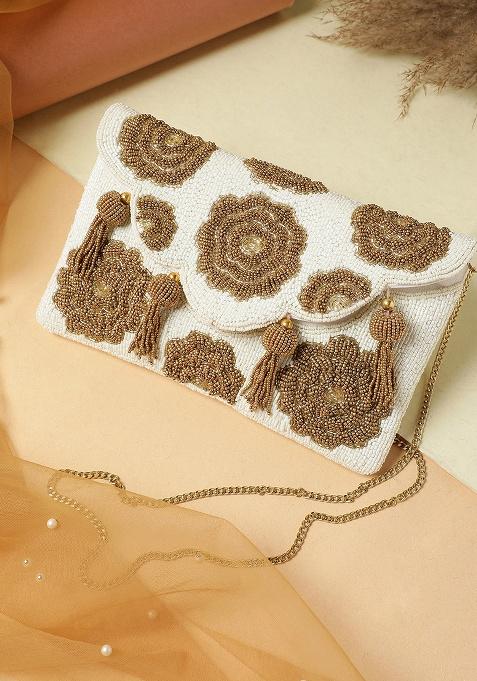 Ivory And Metallic Gold Floral Beadwork Canvas Sling Bag