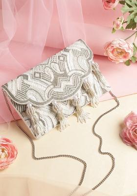 Ivory And Antique Silver Embellished Satin Sling Bag