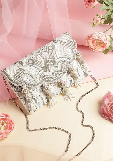 Ivory And Antique Silver Embellished Satin Sling Bag