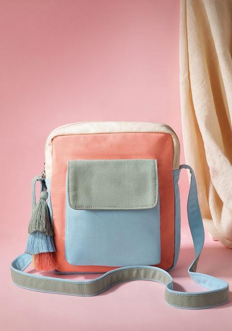 Multicolor Color Blocked Cotton Sling Bag