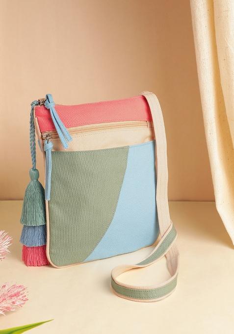 Multicolor Color Blocked Cotton Sling Bag
