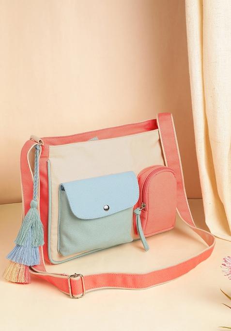 Multicolor Color Blocked Cotton Sling Bag