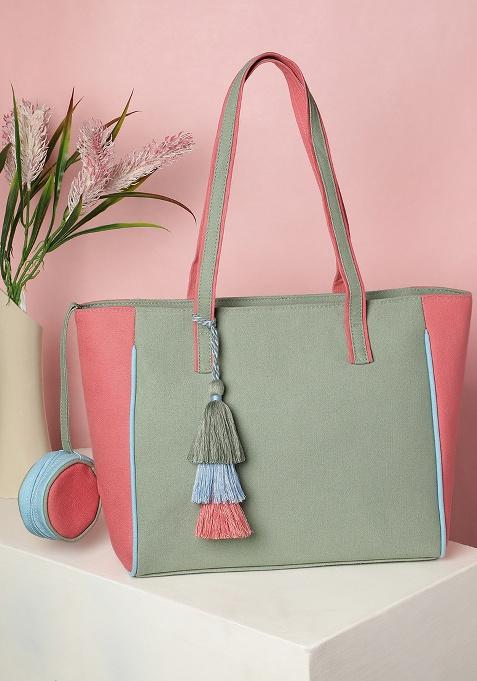 Multicolor Color Blocked Cotton Tote Bag