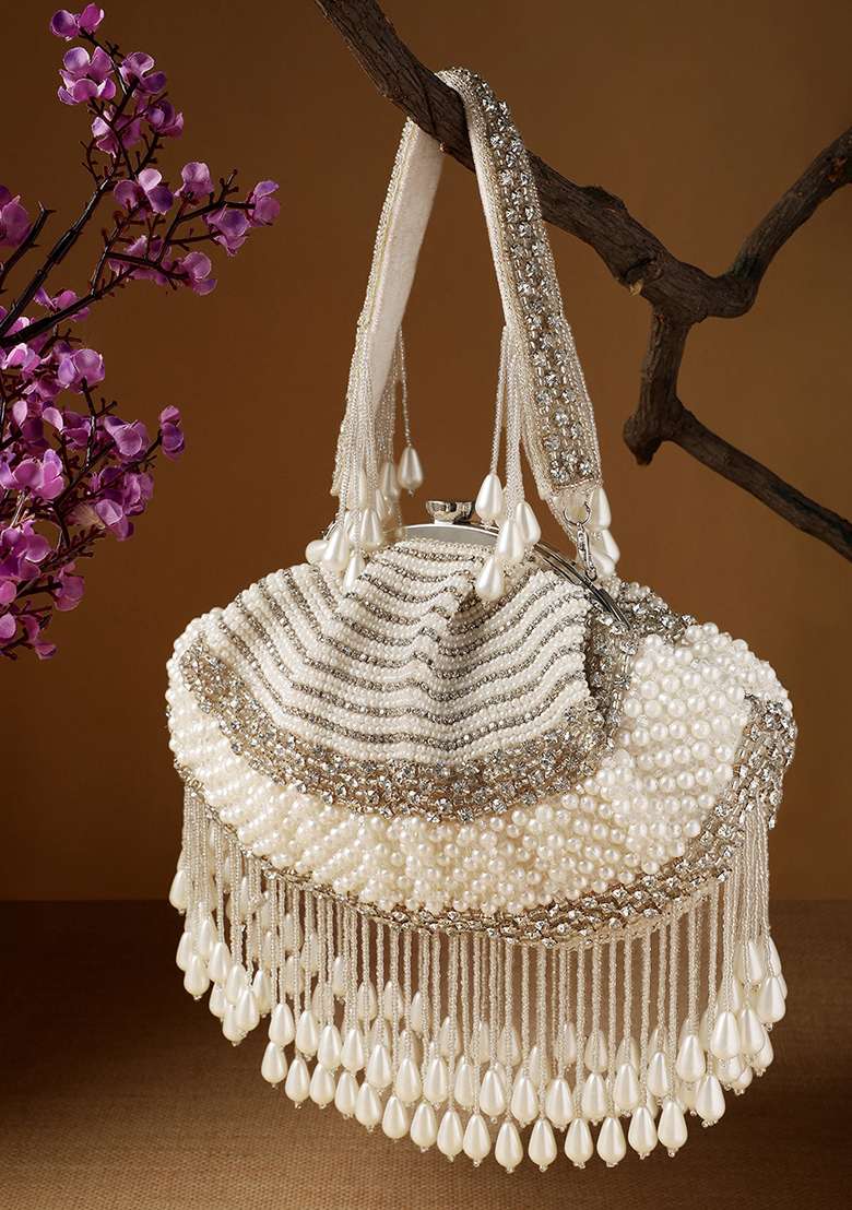 Pearl White And Silver Embellished Velvet Clutch - Indya