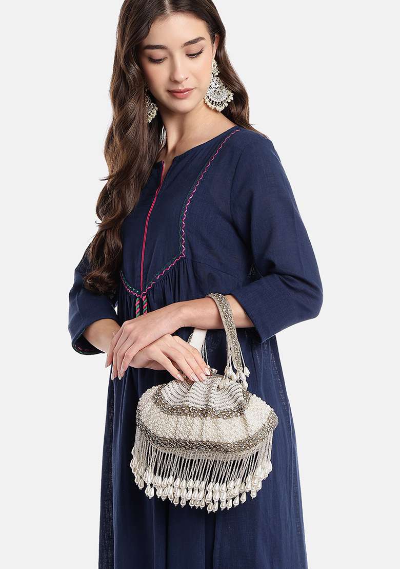Pearl White And Silver Embellished Velvet Clutch - Indya