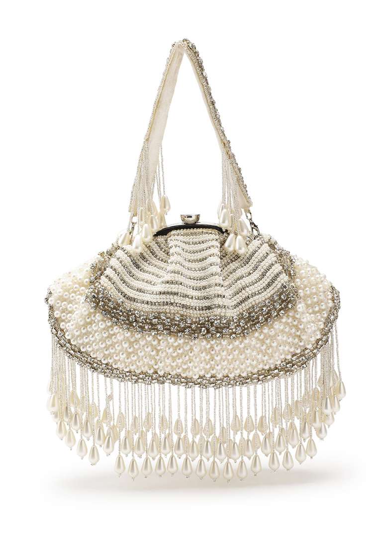 Pearl White And Silver Embellished Velvet Clutch - Indya