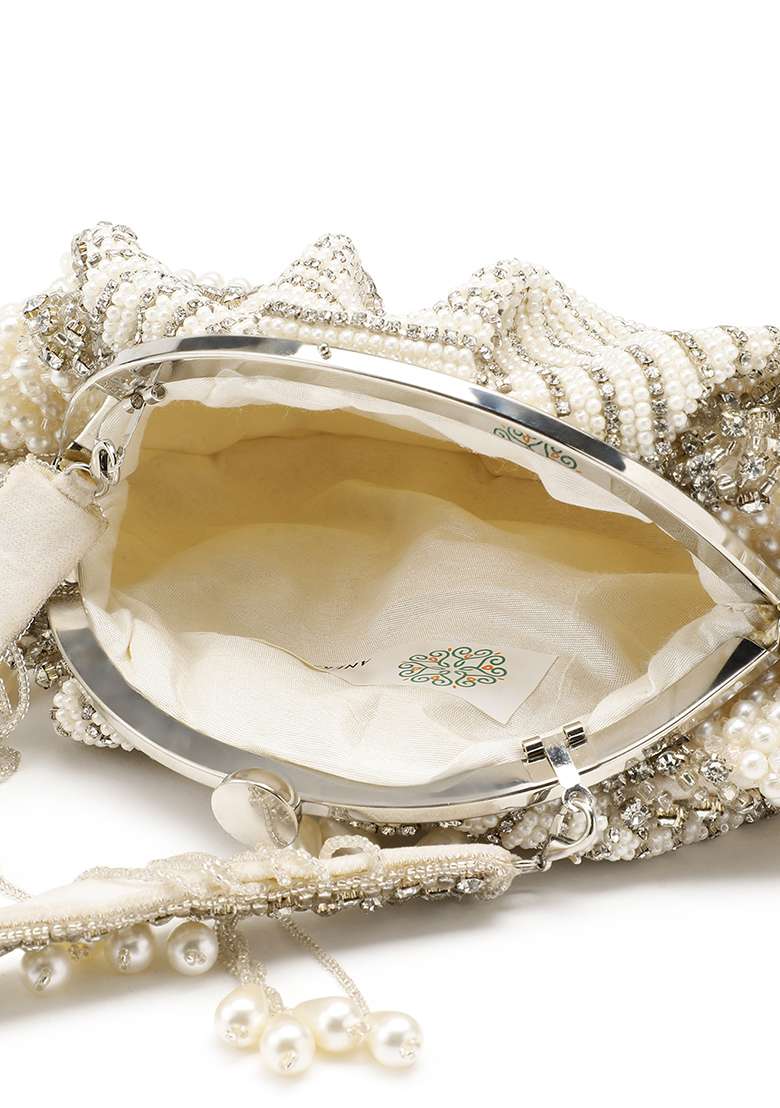 Pearl White And Silver Embellished Velvet Clutch - Indya